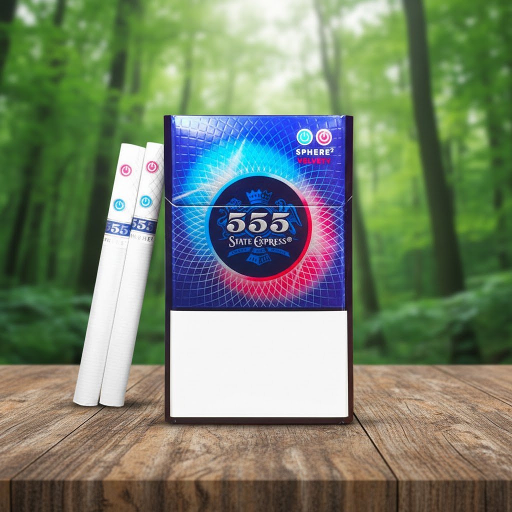 ซองบุหรี่ 555 State Express Sphere2 Velvety สีน้ำเงินหรูหรา วางบนโต๊ะไม้ฉากหลังป่าไม้สีเขียว
