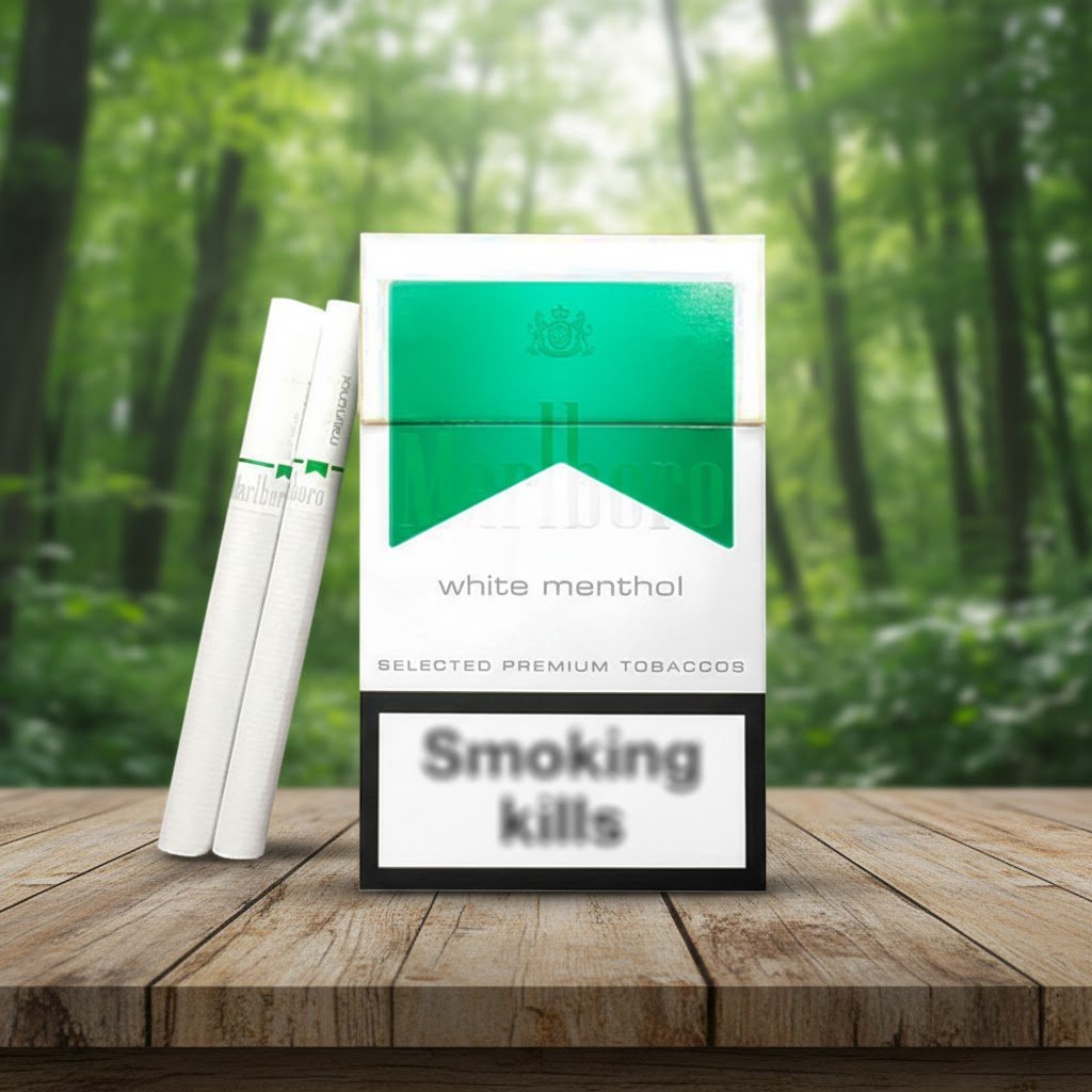 ซองบุหรี่ Marlboro White Menthol สีขาวคาดแถบสีเขียวพาสเทล วางบนโต๊ะไม้ฉากหลังป่าไม้ธรรมชาติ