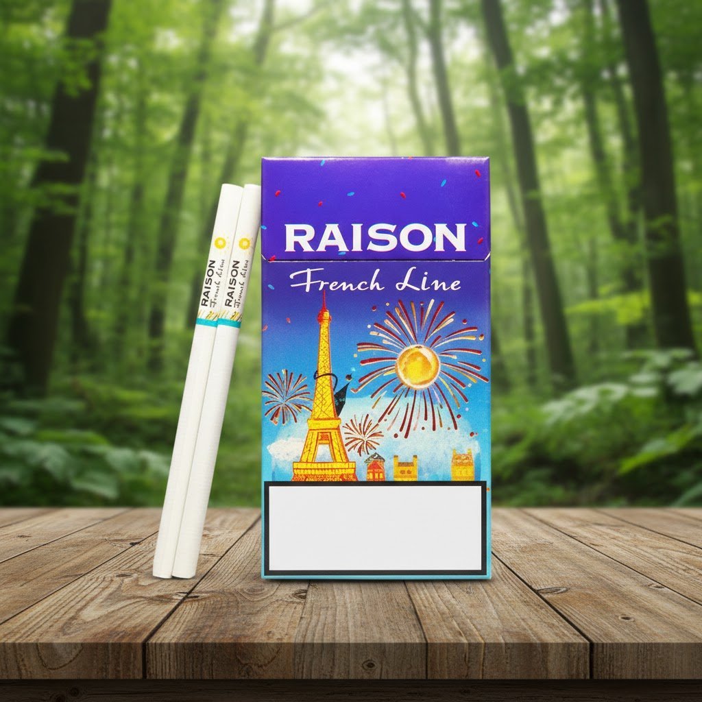 ซองบุหรี่ Raison French Line Blue ลายหอไอเฟลและพลุสีสวยงาม วางบนโต๊ะไม้ฉากหลังป่าสีเขียว
