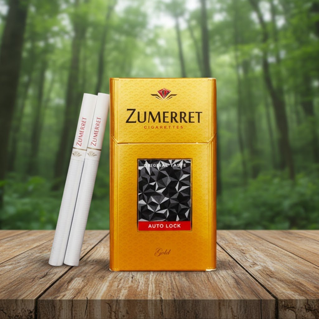 ซองบุหรี่ Zumerret Gold สีทองหรูหรา พร้อมเทคโนโลยี Auto Lock วางบนโต๊ะไม้ฉากหลังป่าไม้สีเขียว