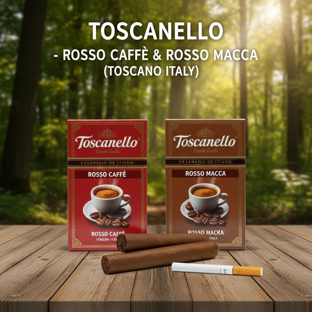 กล่องซิการ์ Toscanello Rosso Caffè สีแดง และ Rosso Macchiato สีน้ำตาล วางบนโต๊ะไม้พร้อมตัวมวนซิการ์ในบรรยากาศป่า