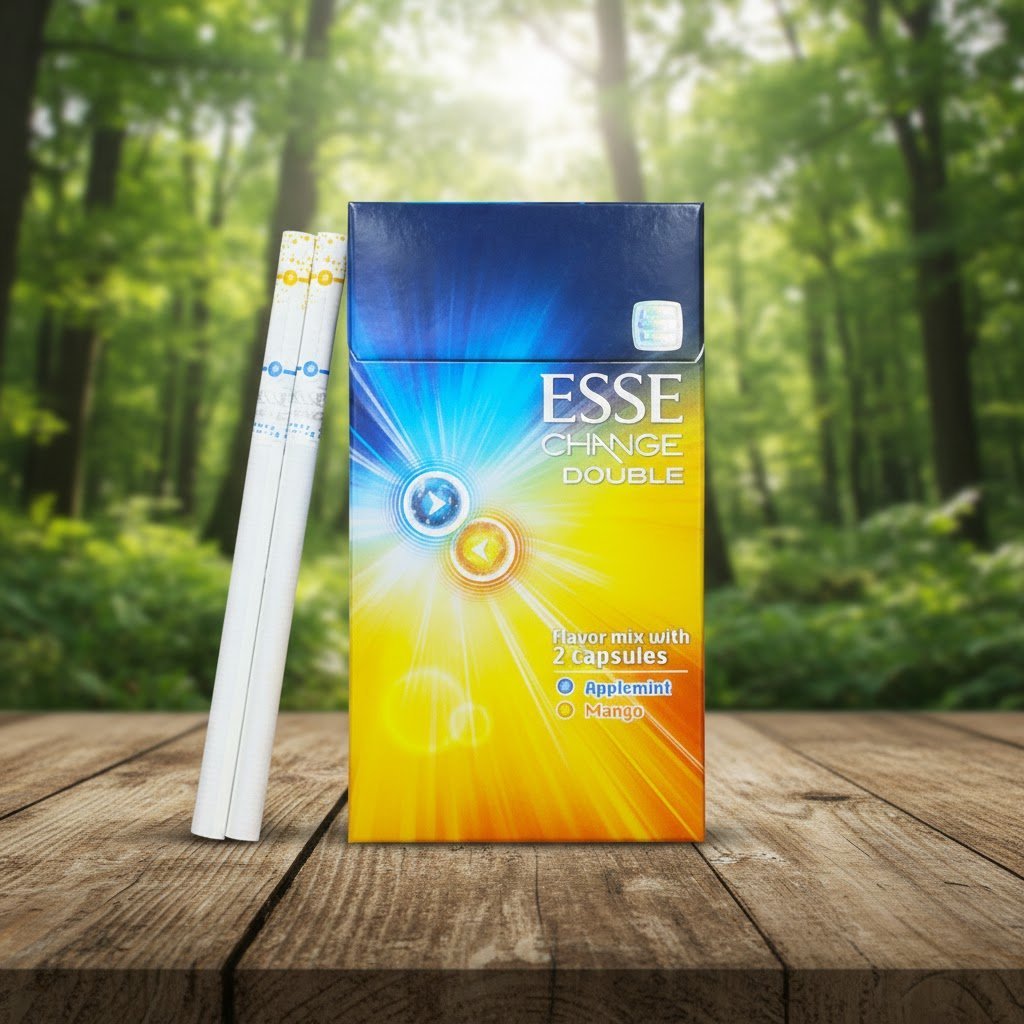 ซองบุหรี่ ESSE Change Double Mango สีน้ำเงินเหลืองลายรัศมี พร้อมมวนบุหรี่สลิมแสดงตำแหน่ง 2 เม็ดบีบ วางบนโต๊ะไม้