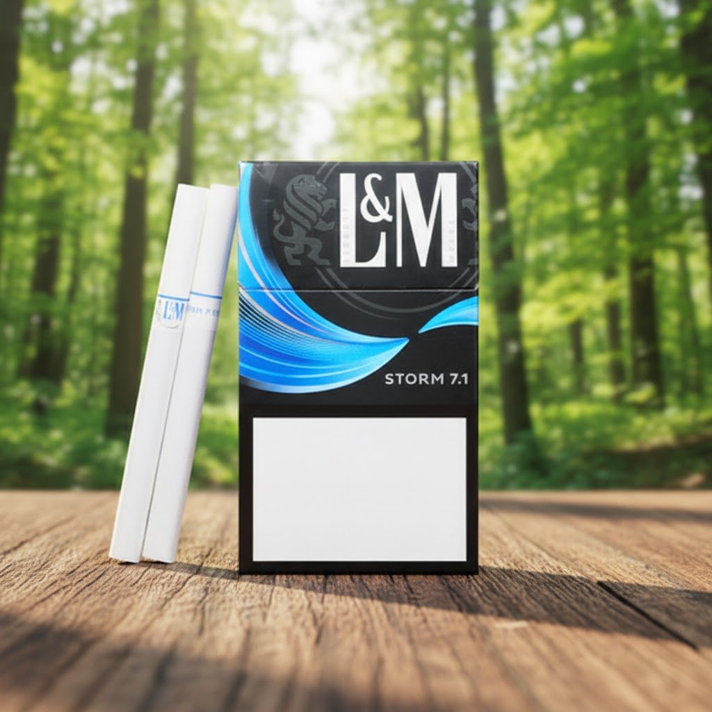 ซองบุหรี่ L&M Storm 7.1 สีดำลายคลื่นสีฟ้าสดใส วางบนโต๊ะไม้ฉากหลังป่าไม้ธรรมชาติ