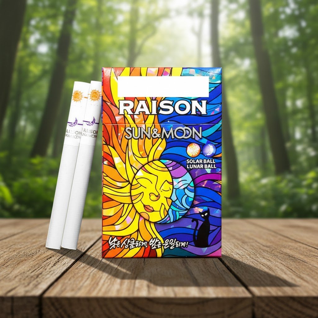 ซองบุหรี่ Raison Sun & Moon ลวดลายกราฟิกพระอาทิตย์และพระจันทร์หลากสีสันสไตล์อาร์ต พร้อมมวนบุหรี่สีขาว