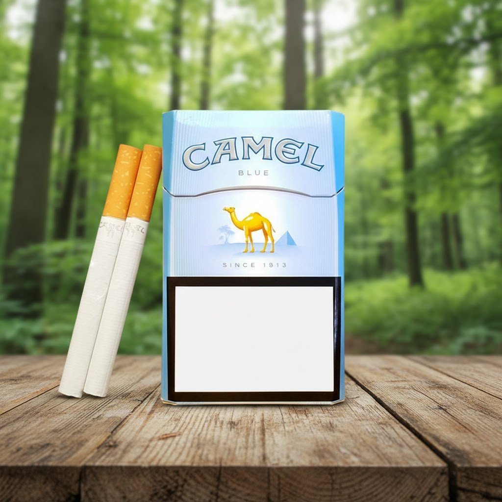 ซองบุหรี่ Camel Blue และมวนบุหรี่วางบนโต๊ะไม้ ท่ามกลางบรรยากาศสวนป่าธรรมชาติ