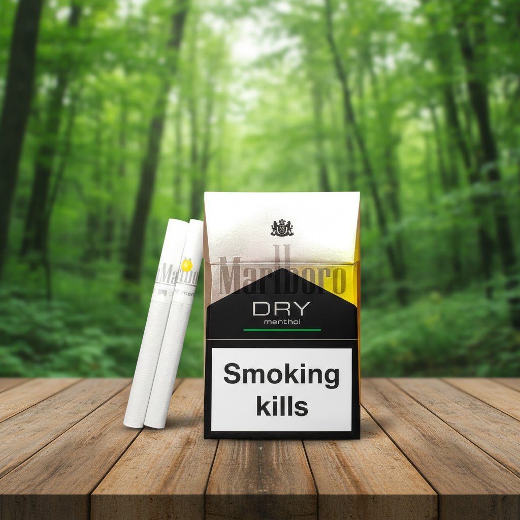ซองบุหรี่ Marlboro Dry Menthol และมวนบุหรี่วางบนโต๊ะไม้ในบรรยากาศป่าธรรมชาติ