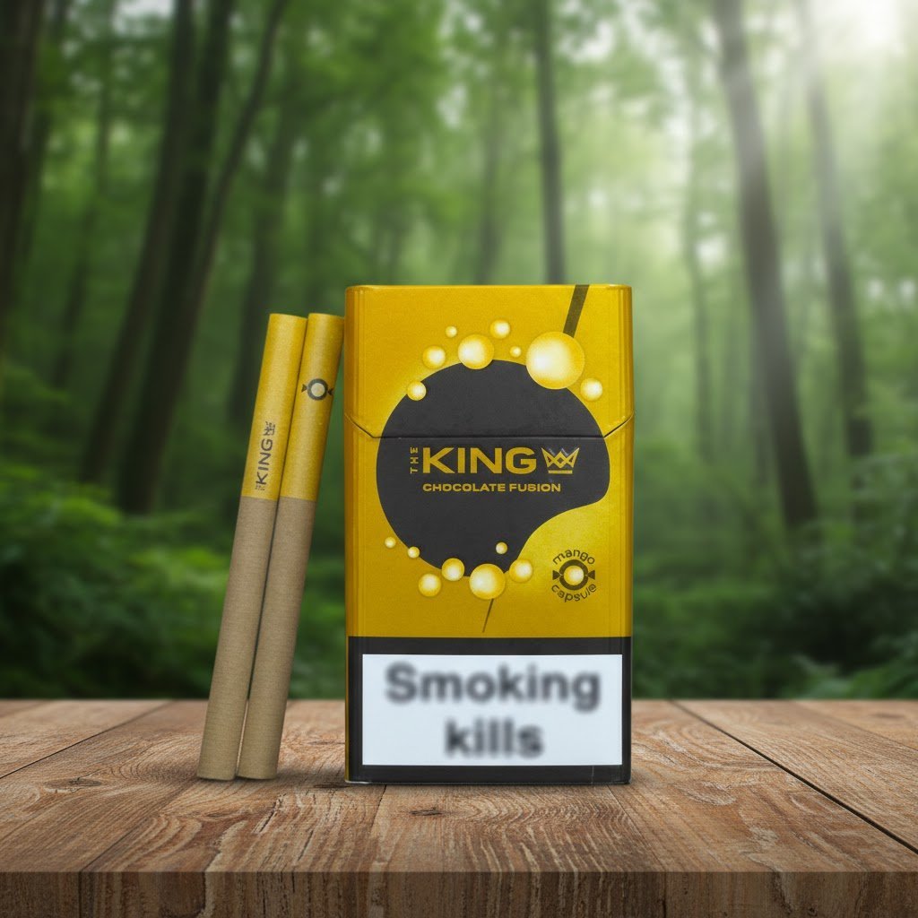 ซองบุหรี่ The King Mango สีเหลืองทองวางบนโต๊ะไม้ฉากหลังเป็นป่าธรรมชาติสีเขียว