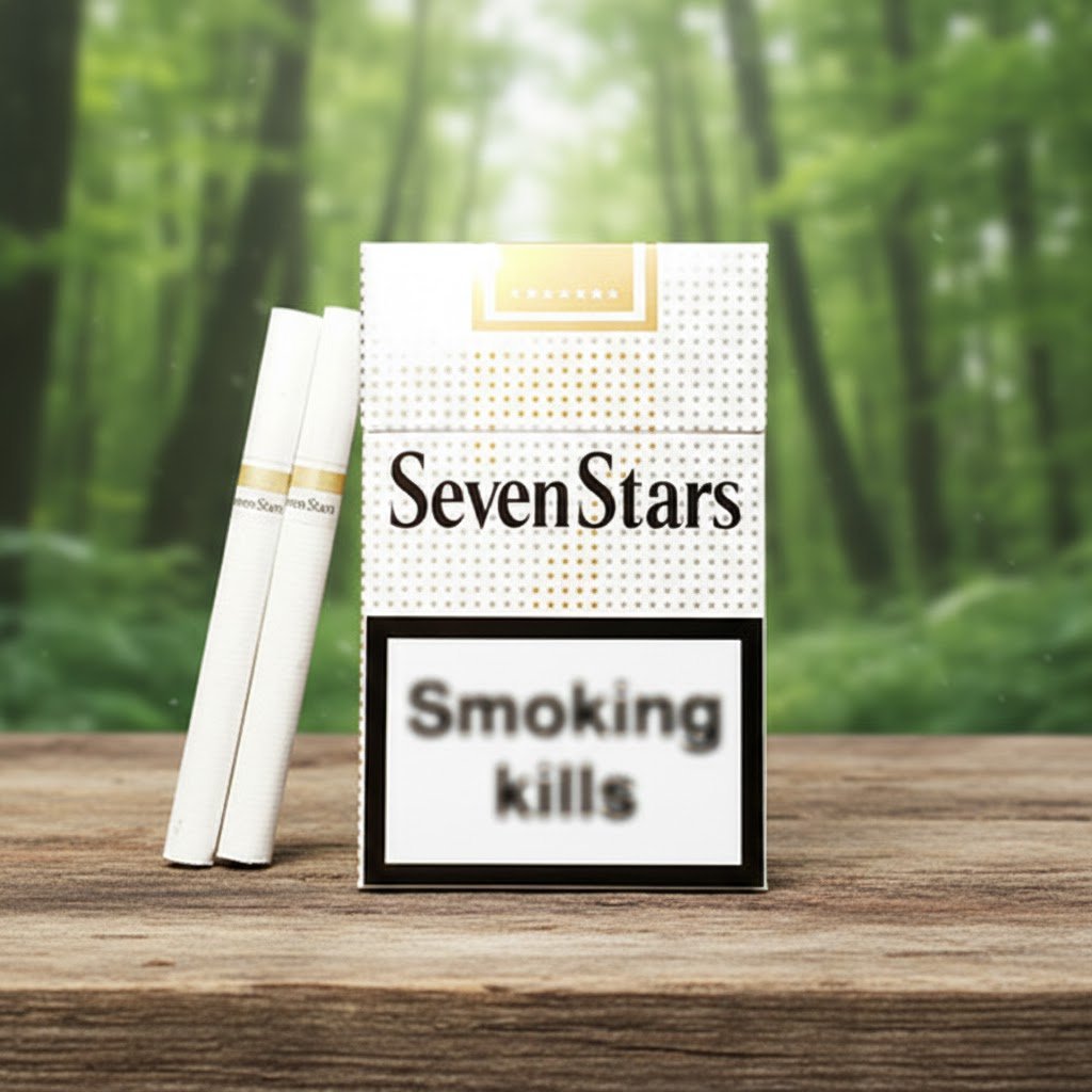 ซองบุหรี่ Seven Stars สีขาวลายจุดคลาสสิกวางบนโต๊ะไม้ฉากหลังเป็นป่าสีเขียว