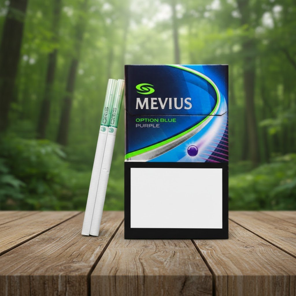 บุหรี่ Mevius Option Blue Purple ซองสีน้ำเงินดีไซน์พรีเมียม วางบนโต๊ะไม้ฉากหลังเป็นป่าธรรมชาติ