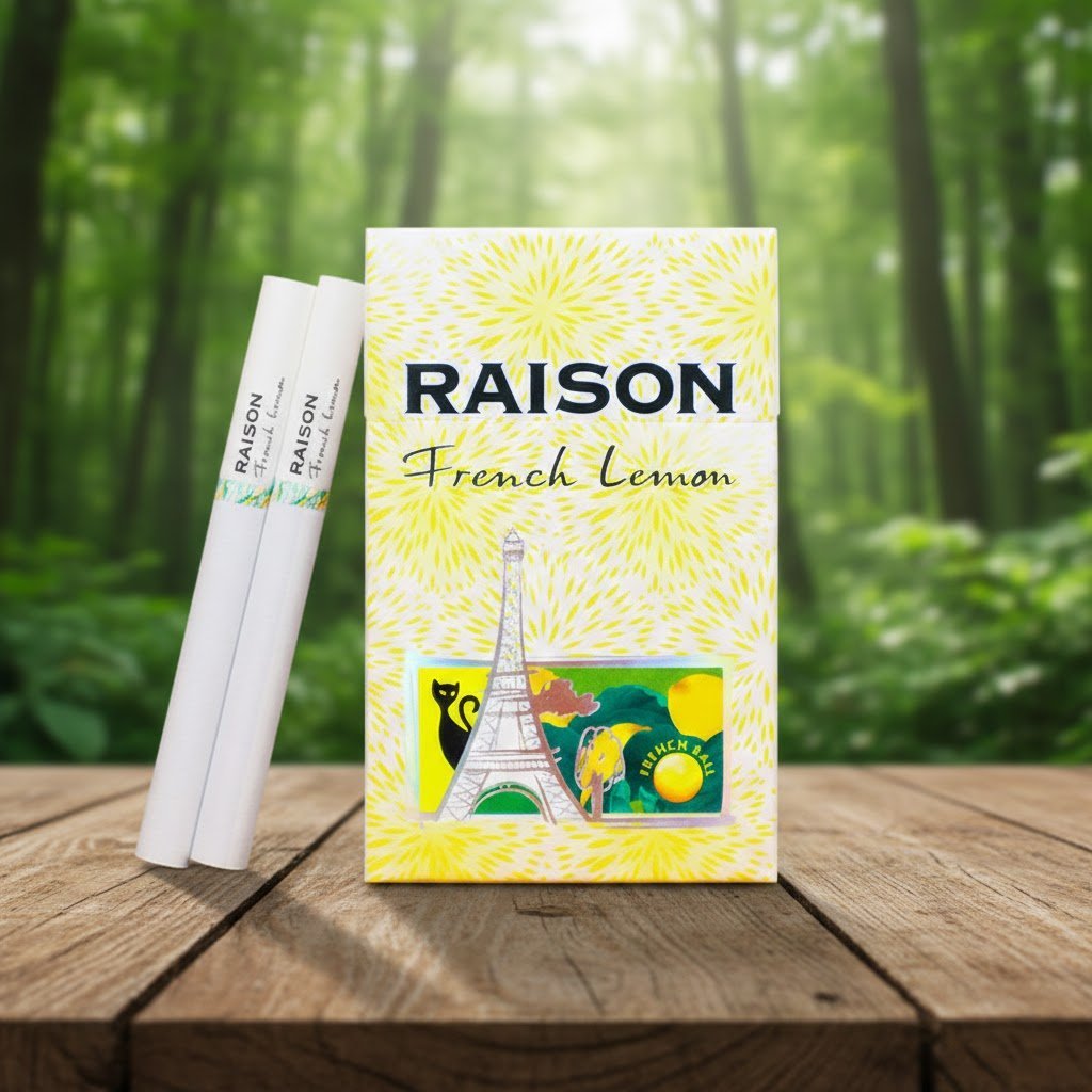 บุหรี่ Raison French Lemon ซองสีเหลืองลายกราฟิกหอไอเฟลและแมวดำ วางบนโต๊ะไม้ฉากหลังป่าไม้ธรรมชาติ