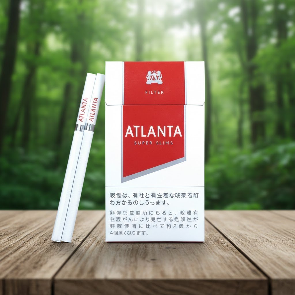 บุหรี่ Atlanta Red Super Slims ซองสีขาวแดงดีไซน์เรียบหรู วางบนโต๊ะไม้ฉากหลังป่าไม้ธรรมชาติ