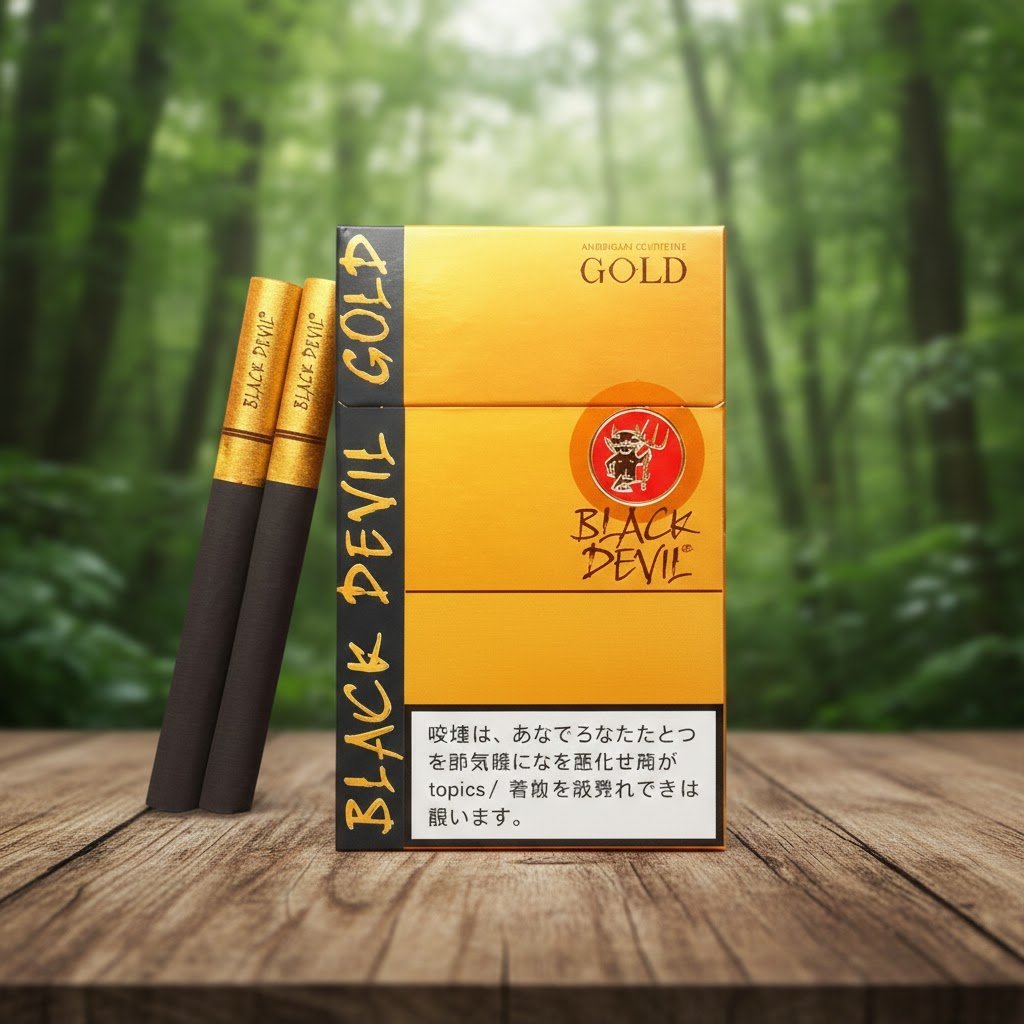 บุหรี่ Black Devil Gold ซองสีทองหรูหราพร้อมมวนบุหรี่สีดำก้นกรองทอง วางบนโต๊ะไม้ฉากหลังป่าไม้ธรรมชาติ