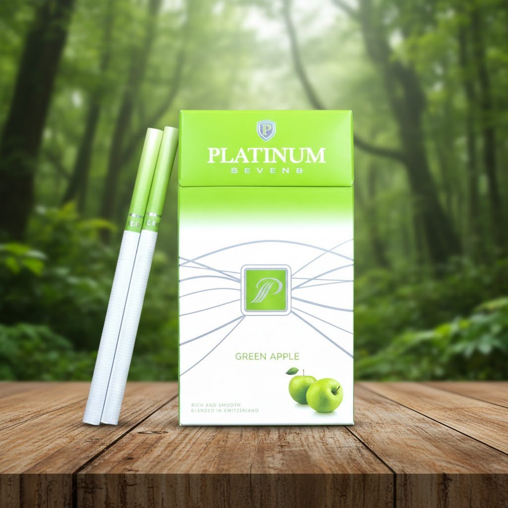 บุหรี่ Platinum Seven Green Apple ซองสีขาวเขียวลายรูปแอปเปิ้ล วางบนโต๊ะไม้ฉากหลังป่าธรรมชาติ