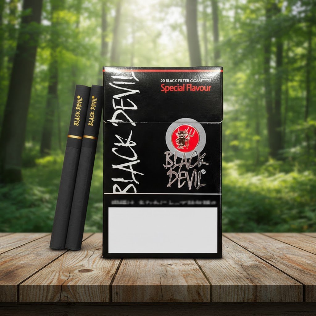 บุหรี่ Black Devil Special Flavour ซองสีดำโลโก้ปีศาจแดง พร้อมมวนบุหรี่สีดำก้นกรองทอง วางบนโต๊ะไม้