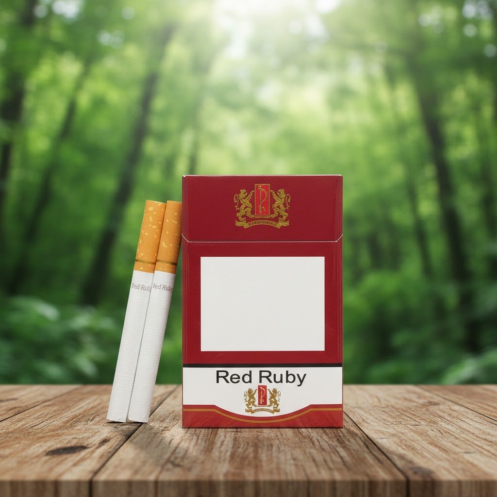 บุหรี่ Red Ruby ซองแข็งสีแดงหรูหรา วางคู่กับมวนบุหรี่บนโต๊ะไม้ฉากหลังป่าไม้ธรรมชาติ