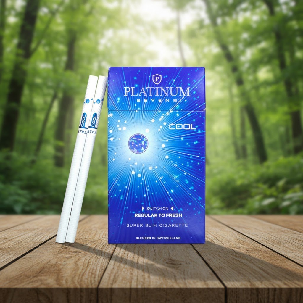 บุหรี่ Platinum Seven Cool ซองสีน้ำเงินลายประกายแสงสีฟ้า วางบนโต๊ะไม้ฉากหลังป่าไม้ธรรมชาติ