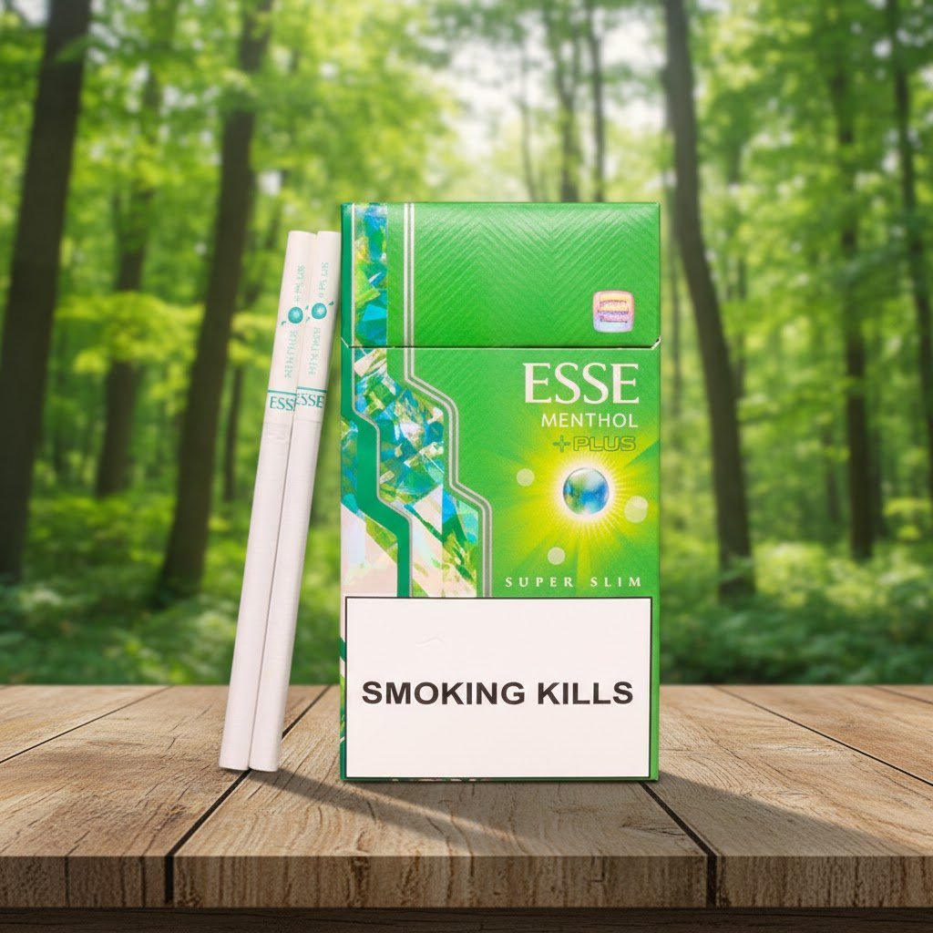 บุหรี่ ESSE Menthol Plus+ ซองสีเขียวดีไซน์ทันสมัย วางคู่กับมวนบุหรี่ซุปเปอร์สลิมบนโต๊ะไม้ฉากหลังป่าไม้ธรรมชาติ
