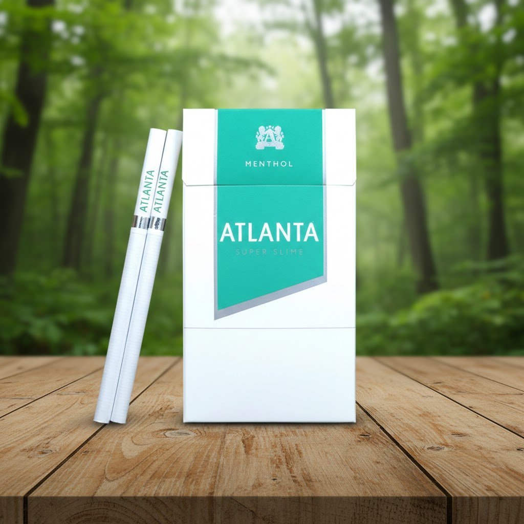 บุหรี่ Atlanta Green Super Slim ซองสีขาวคาดแถบสีเขียวพาสเทล วางคู่กับมวนบุหรี่ซุปเปอร์สลิมบนโต๊ะไม้ฉากหลังป่าไม้
