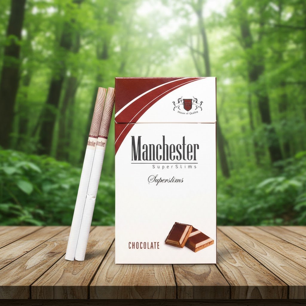 บุหรี่ Manchester Chocolate SuperSlim ซองสีขาวน้ำตาลลายช็อกโกแลต วางคู่กับมวนบุหรี่ซุปเปอร์สลิมบนโต๊ะไม้ฉากหลังป่าไม้ธรรมชาติ