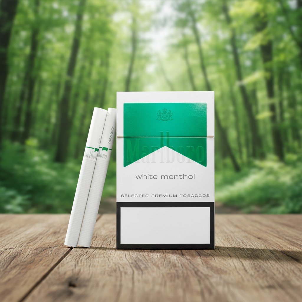 บุหรี่ Marlboro White Menthol ซองสีขาวคาดแถบสีเขียวเมทัลลิก วางบนโต๊ะไม้ฉากหลังป่าไม้ธรรมชาติ