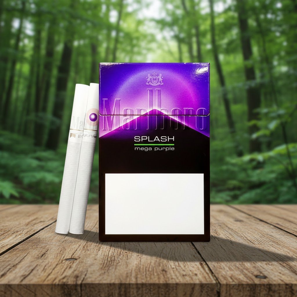 ซองบุหรี่ Marlboro Splash Mega Purple และมวนบุหรี่ วางบนโต๊ะไม้ในบรรยากาศป่าเขียวขจี