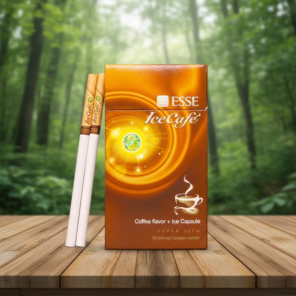 ซองบุหรี่ ESSE Ice Cafe แบบซูเปอร์สลิมและมวนบุหรี่ วางบนโต๊ะไม้ท่ามกลางบรรยากาศป่าสีเขียว