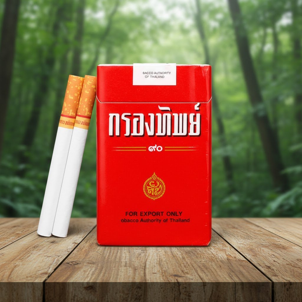 ซองบุหรี่กรองทิพย์ 90 แบบซองอ่อนสีแดงเอกลักษณ์ พร้อมมวนบุหรี่ก้นกรองสีส้ม วางบนโต๊ะไม้ในป่า
