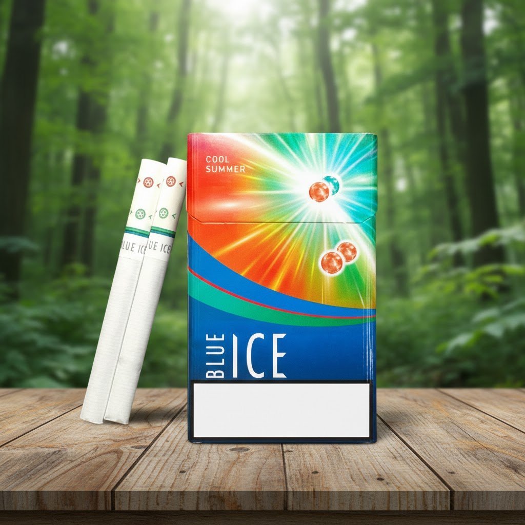 บุหรี่ Blue Ice Double Blast Cool Summer ซองสีสันสดใสแบบซัมเมอร์ พร้อมมวนบุหรี่ 2 เม็ดบีบ วางบนโต๊ะไม้ฉากหลังป่า