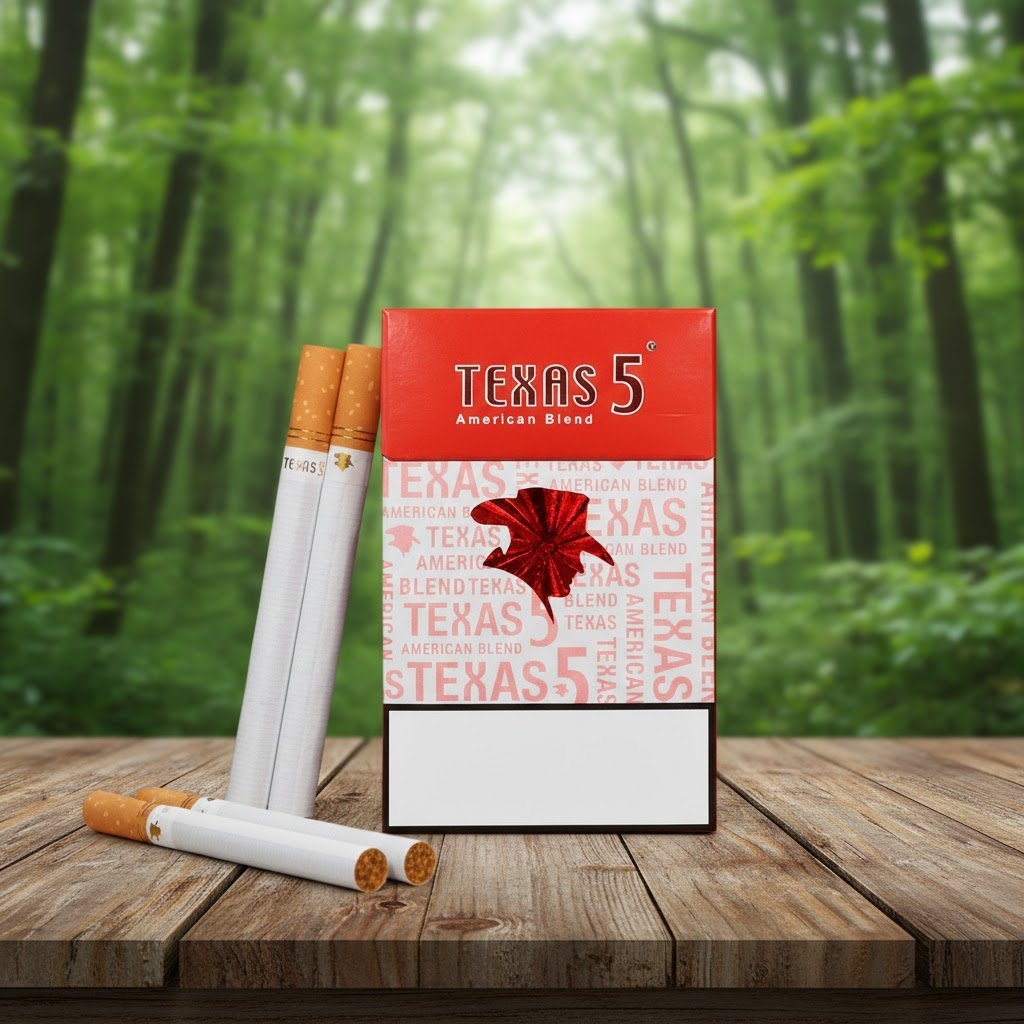 บุหรี่ Texas 5 Red ซองสีแดงสลับขาวลายตัวอักษร พร้อมมวนบุหรี่วางบนโต๊ะไม้ฉากหลังป่า