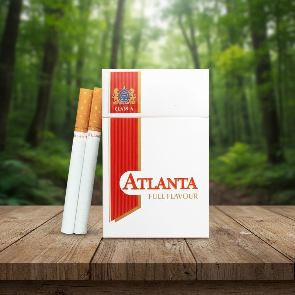บุหรี่ Atlanta Red ซองสีขาวแถบแดง พร้อมมวนบุหรี่วางบนโต๊ะไม้ฉากหลังป่าธรรมชาติ