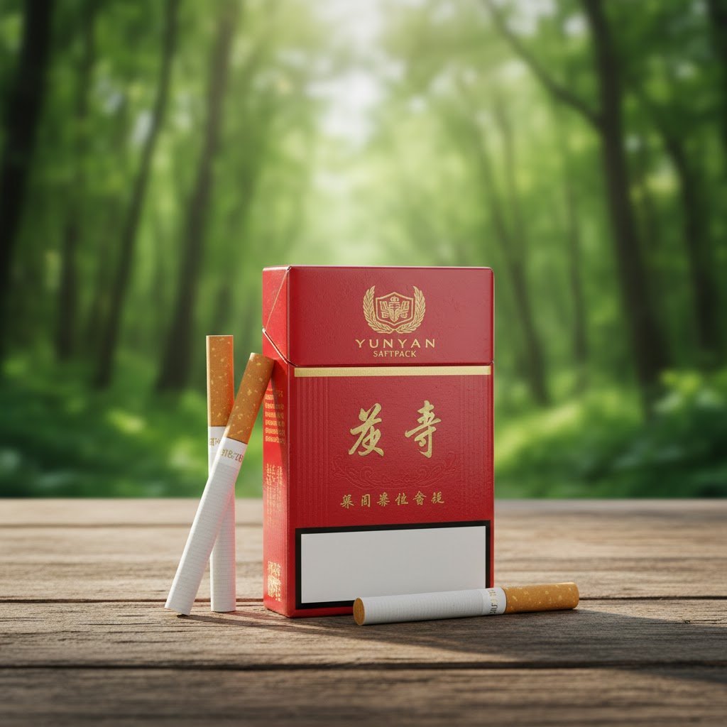 บุหรี่ Yunyan Softpack ซองอ่อนสีแดงตัวอักษรทอง พร้อมมวนบุหรี่ก้นกรองสีน้ำตาล วางบนโต๊ะไม้ฉากหลังป่า