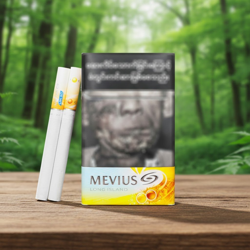 บุหรี่ Mevius Long Island ซองสีเหลืองขาวสดใส พร้อมมวนบุหรี่ 1 เม็ดบีบ วางบนโต๊ะไม้ฉากหลังป่า