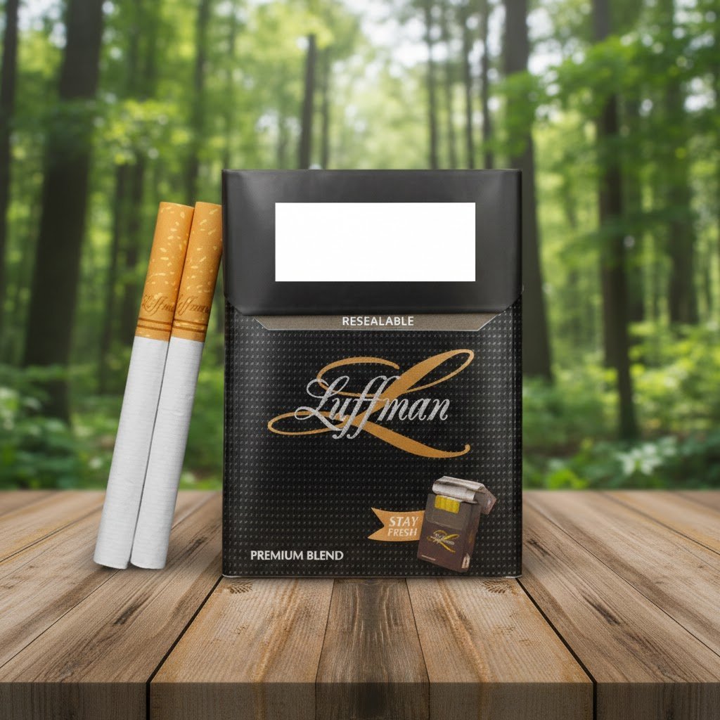 บุหรี่ Luffman Premium Blend ซองสีดำลายคาร์บอนไฟเบอร์ พร้อมมวนบุหรี่วางบนโต๊ะไม้ฉากหลังป่า