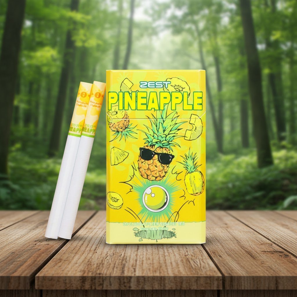 บุหรี่ Zest Pineapple ซองสีเหลืองลายกราฟิกสับปะรดใส่แว่นกันแดด พร้อมมวนบุหรี่วางบนโต๊ะไม้ฉากหลังป่า