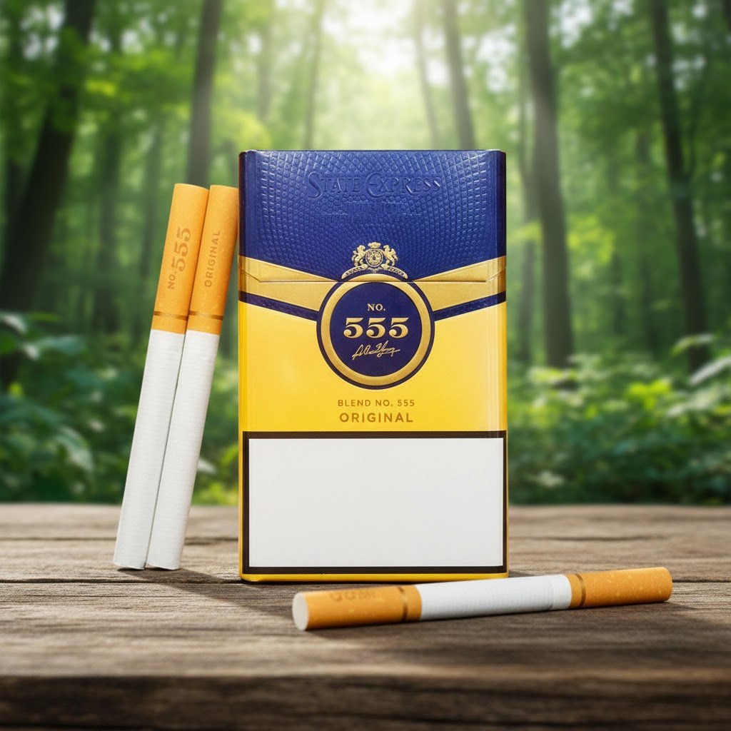 บุหรี่ 555 State Express Original ซองสีน้ำเงินตัดเหลืองทอง พร้อมมวนบุหรี่วางบนโต๊ะไม้ฉากหลังป่า