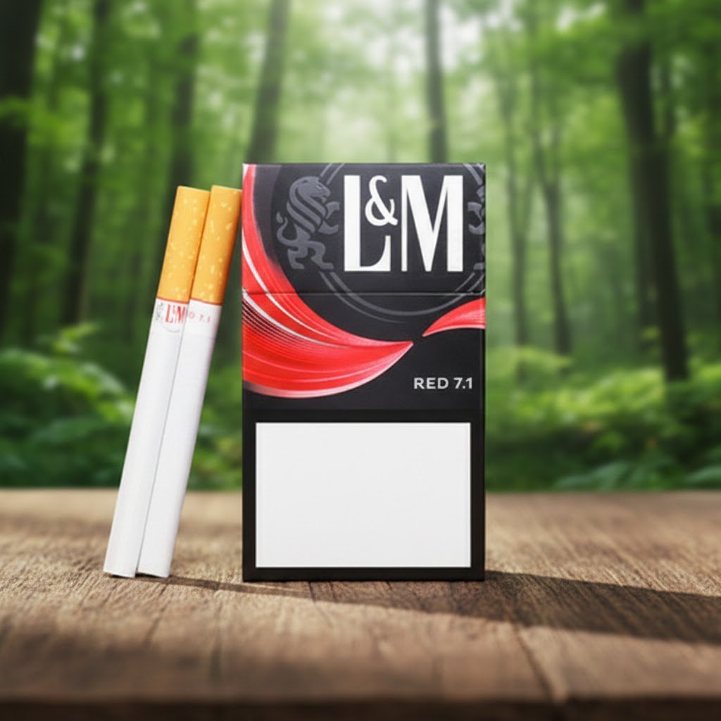 บุหรี่ L&M Red 7.1 ซองสีดำลายคลื่นสีแดงพรีเมียม พร้อมมวนบุหรี่วางบนโต๊ะไม้ฉากหลังป่า