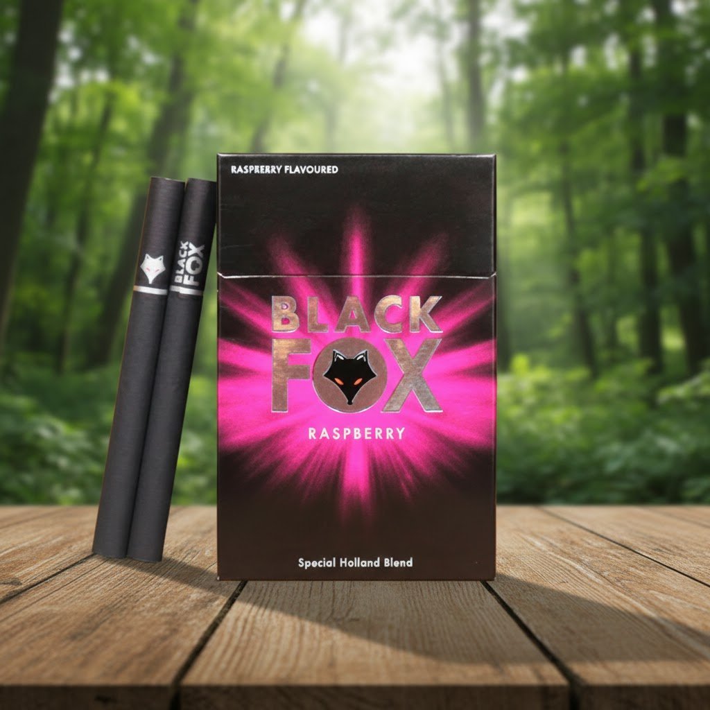 บุหรี่ Black Fox Raspberry ซองสีดำตัดสีชมพูฟูเชียพร้อมมวนบุหรี่สีดำล้วนวางบนโต๊ะไม้ฉากหลังป่า