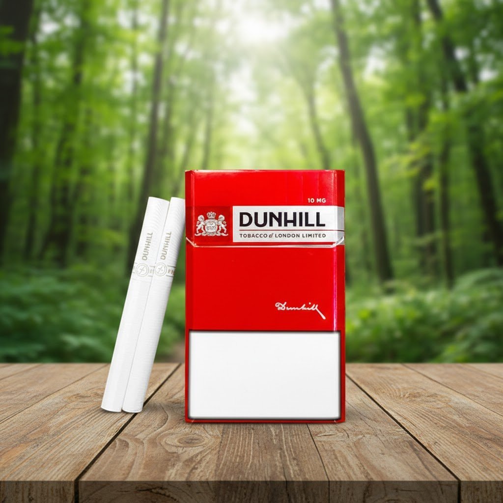 บุหรี่ Dunhill Red 10mg ซองสีแดงพรีเมียม พร้อมมวนบุหรี่สีขาววางบนโต๊ะไม้ฉากหลังป่าธรรมชาติ