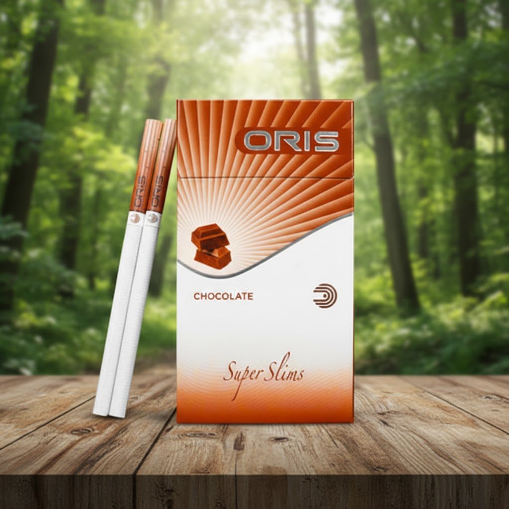 บุหรี่ Oris Chocolate ซองสีน้ำตาลขาวลายรัศมี พร้อมมวนบุหรี่ซุปเปอร์สลิมวางบนโต๊ะไม้ฉากหลังป่า