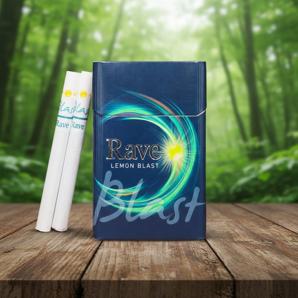 บุหรี่ Rave Lemon Blast ซองสีน้ำเงินดีไซน์ทันสมัยพร้อมกราฟิกวงโคจรเลมอนสีเหลือง วางคู่กับมวนบุหรี่บนโต๊ะไม้ฉากหลังป่า