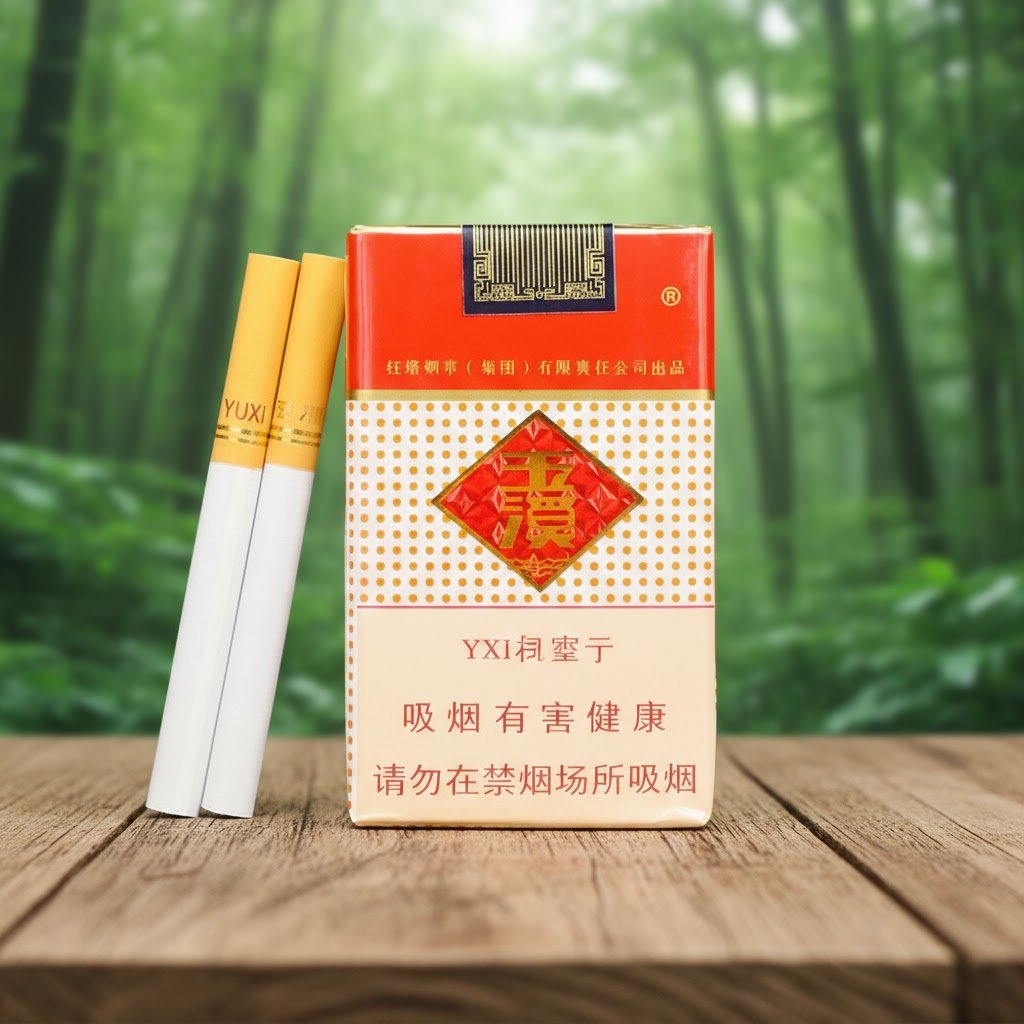 บุหรี่ Yuxi Softpack ซองอ่อนสีแดงสลับครีม ตราสัญลักษณ์จีนสีทอง พร้อมมวนบุหรี่ก้นกรองสีส้มวางบนโต๊ะไม้ฉากหลังป่า