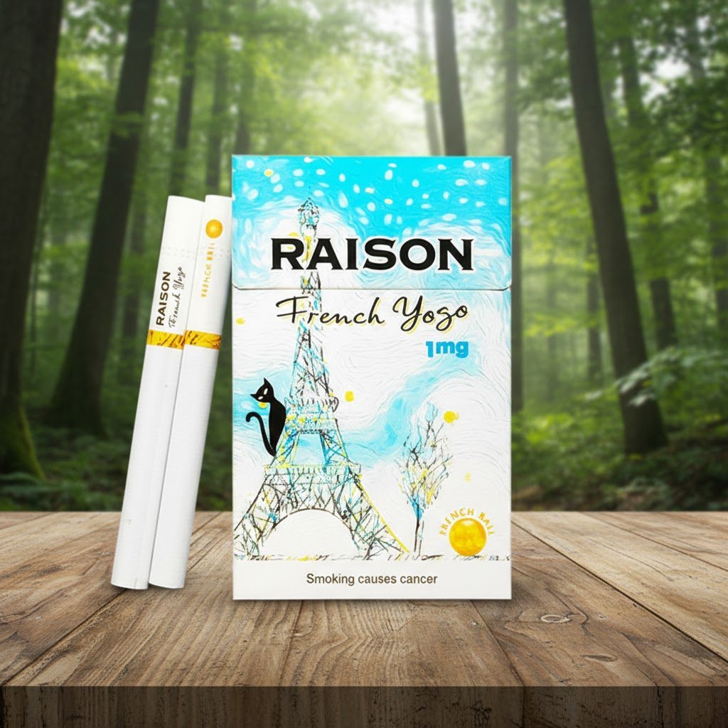 ซองบุหรี่ Raison French Yogo วางบนโต๊ะไม้ในบรรยากาศป่าธรรมชาติ แสดงดีไซน์รูปหอไอเฟลและแมวดำ