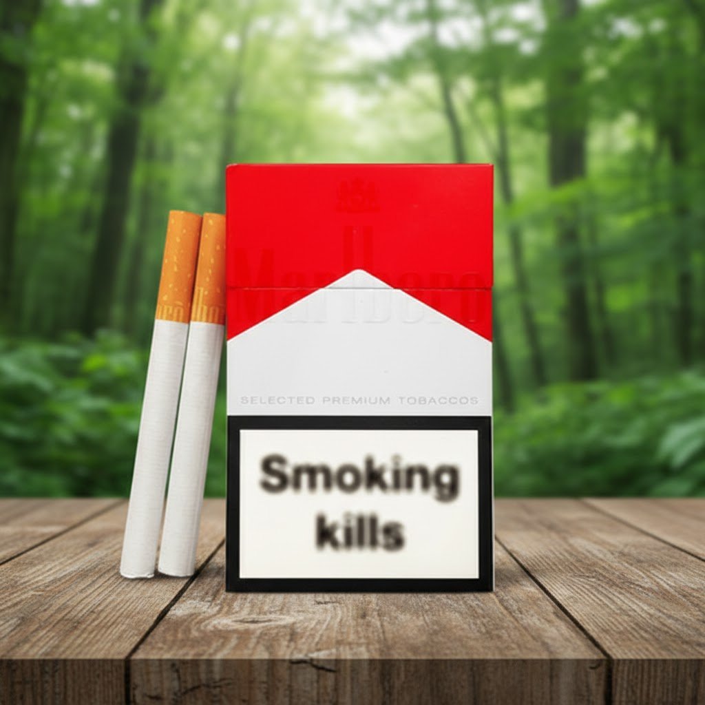 ซองบุหรี่ Marlboro Red สีแดงขาวสุดคลาสสิก วางบนโต๊ะไม้ในบรรยากาศป่าธรรมชาติพร้อมมวนบุหรี่ก้นกรองสีส้ม