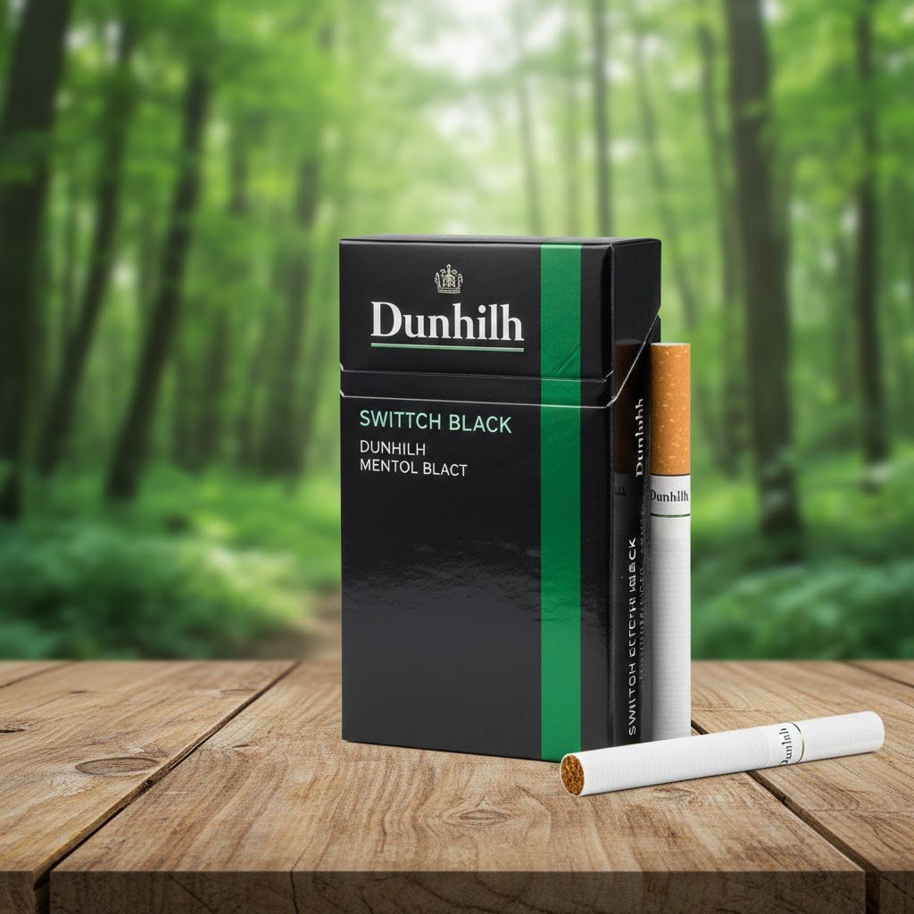 ซองบุหรี่ Dunhill Switch Black สีดำแถบเขียว วางบนโต๊ะไม้ในบรรยากาศป่าไม้ พร้อมมวนบุหรี่ก้นกรองชาโคล