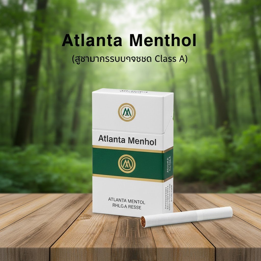 ซองบุหรี่ Atlanta Green Menthol สีขาวแถบเขียว วางบนโต๊ะไม้ฉากหลังเป็นป่าธรรมชาติสีเขียว