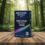 ซองบุหรี่ Mevius Option 2 No.5 สีน้ำเงินเข้มดีไซน์พรีเมียม วางบนโต๊ะไม้ฉากหลังป่าไม้ธรรมชาติ