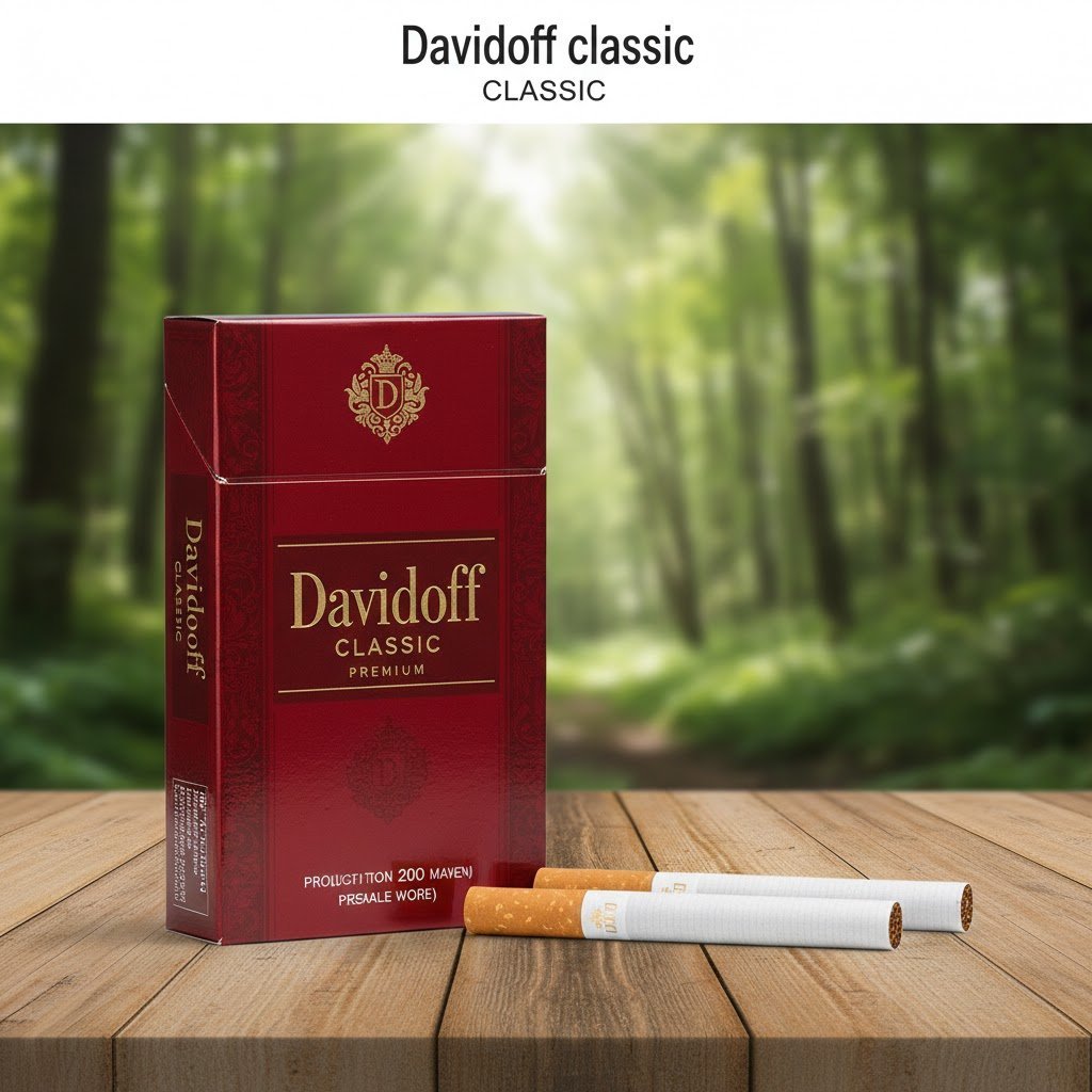 ซองบุหรี่ Davidoff Classic สีแดงเข้มหรูหรา วางบนโต๊ะไม้ฉากหลังเป็นป่าธรรมชาติ พร้อมมวนขนาด Magnum ก้นกรองสีส้ม