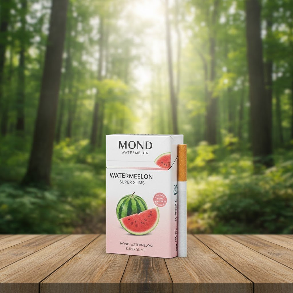 ซองบุหรี่ Mond Watermelon สีขาวลายรูปแตงโม วางบนโต๊ะไม้ฉากหลังเป็นป่าธรรมชาติ