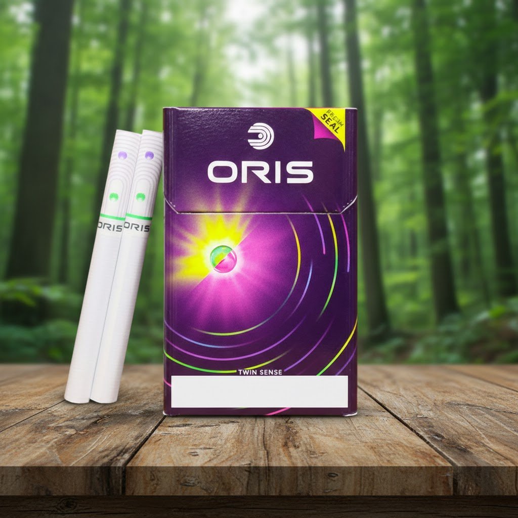 ซองบุหรี่ Oris Twin Sense Berry Mix สีม่วงดีไซน์ทันสมัย วางบนโต๊ะไม้ฉากหลังเป็นป่าธรรมชาติ