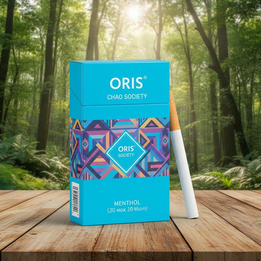 ซองบุหรี่ Oris Chao Society Blue สีฟ้าสดใสลวดลายกราฟิกเรขาคณิต วางบนโต๊ะไม้ฉากหลังเป็นป่าธรรมชาติ
